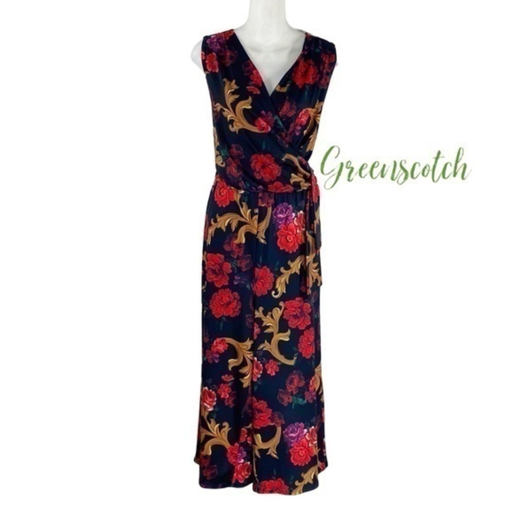 Tahari black red gold baroque floral scuba cropped wide leg jumpsuit